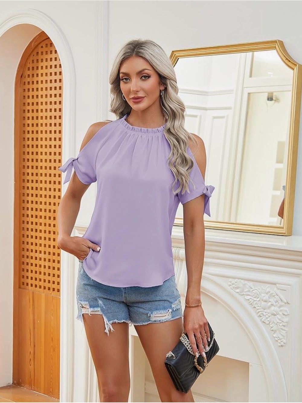 Cold-Shoulder Ruffle Neck Top - Lavender